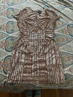 Adrianna Papell Rose Gold Sequin V-Neck Mini Dress
